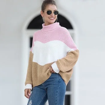 Hit Color Patchwork Knitted Pullover Sweater Relaxed Fit Sweatshirts