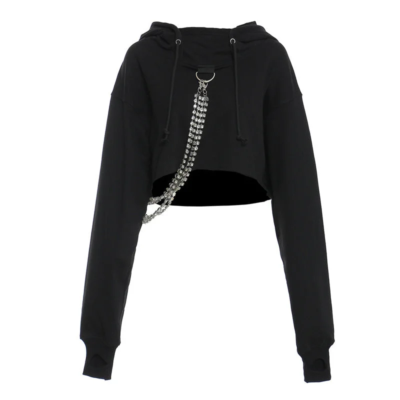 Trendy Personality Nail Rhinestone Chain Decoration Loose Long Sleeve Pullover Hooded Short Sweatshirt for Women