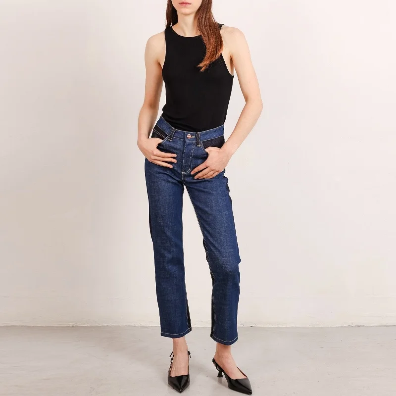 Color Block Cropped Jeans in 2 Tones of Blue