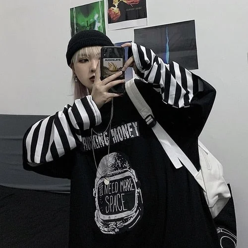 tshirt Casual Letter Print O-Neck stripe Tees Creativity Loose T-Shirts Women Long Sleeve Oversize top Hip Hop Streetwear All-season Hoodie Sweatshirt