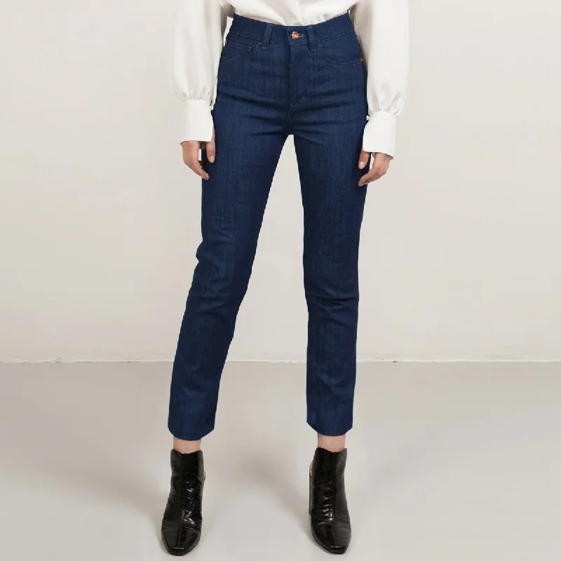 Mid Blue Straight Leg Cropped Denim Matching Stitch