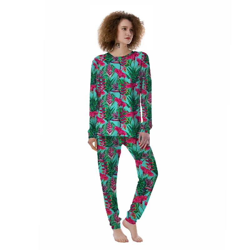 Aloha Hibiscus Hot Teal Pink Print Pattern Women's Pajamas Pajama sets with pockets