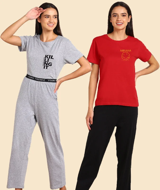 Women Printed T-shirt & Pyjama Set Pure Soft Cotton - Combo Set Men's pajama sets