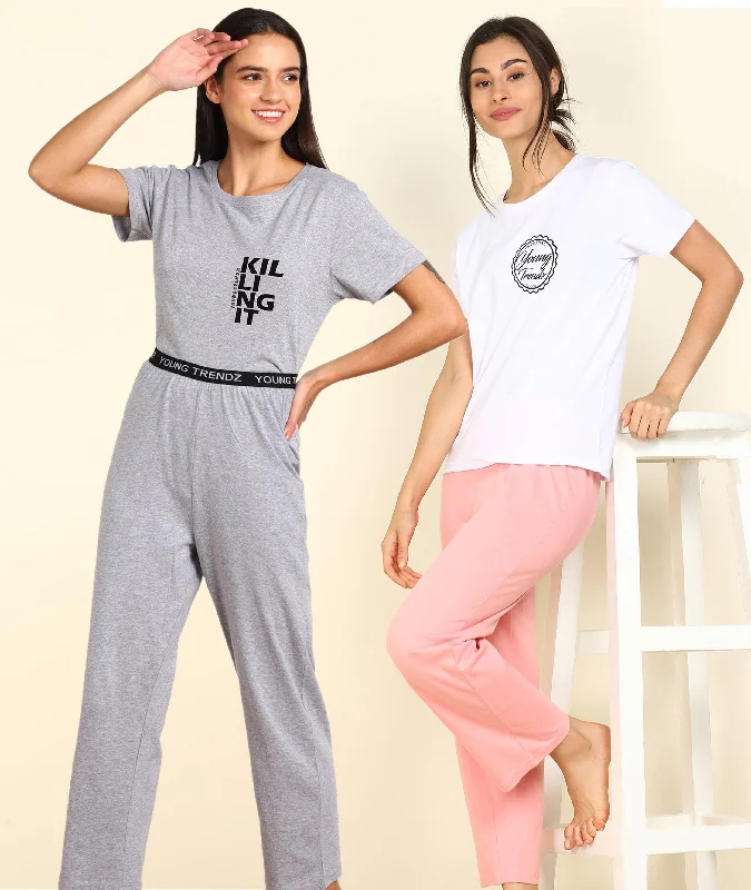 Women Printed T-shirt & Pyjama Set Pure Soft Cotton - Combo Set Best pajama sets for elderly women