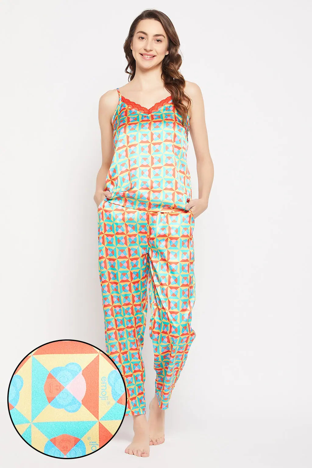 Emoji Print Cami Top & Pyjama Set in Multicolour - Satin Cheap pajama sets