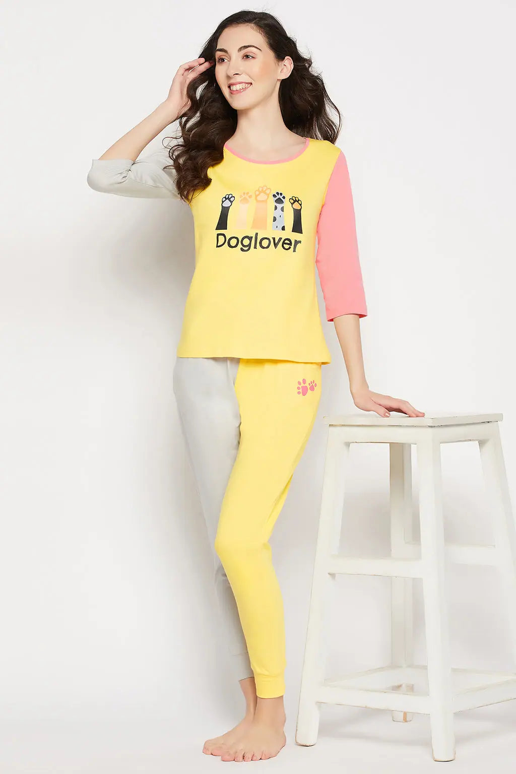 Graphic & Text Print Colourblocked Top & Joggers Set in Yellow - 100% Cotton H&M pajama sets