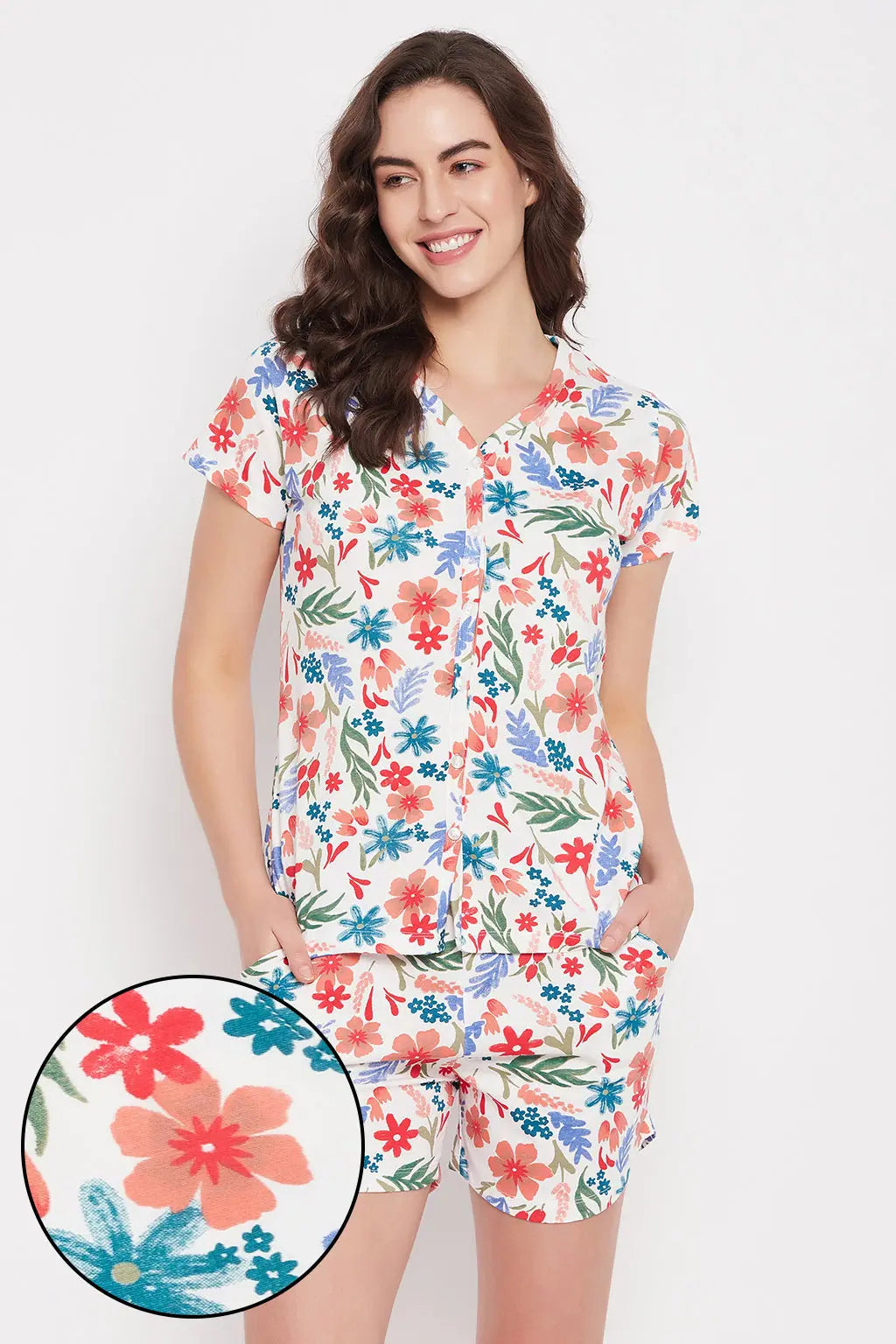 Pretty Florals Button Down Shirt & Shorts Set in White - 100% Cotton Best pajama sets for lounging