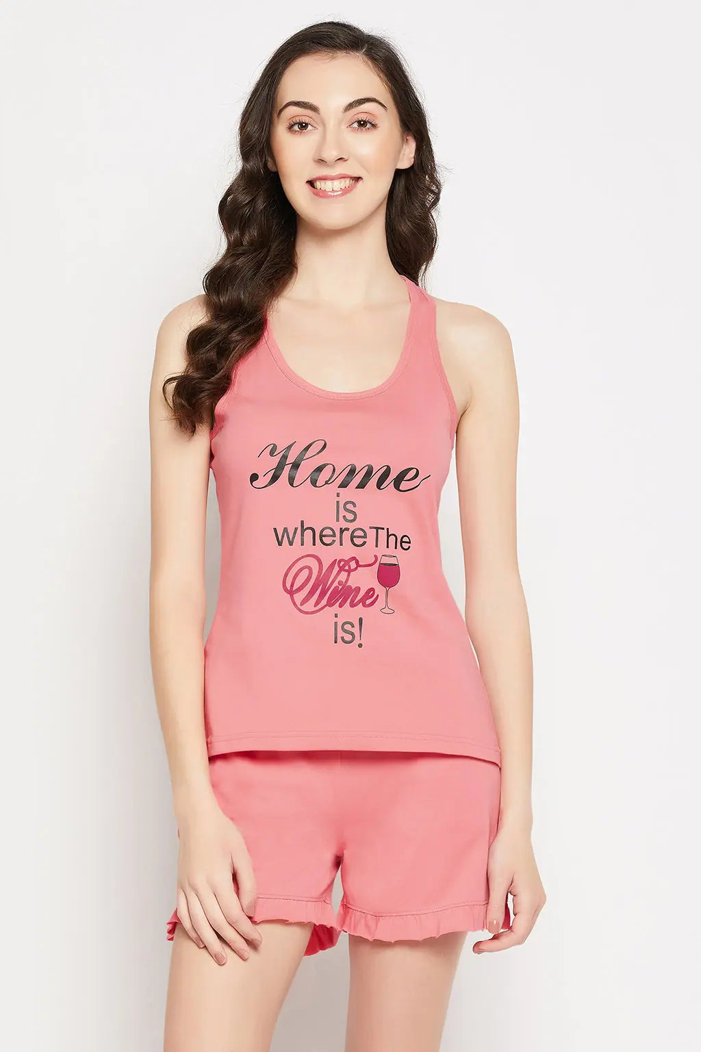 Quirky Quotes Tank Top & Chic Basic Shorts Set in Salmon Pink - 100% Cotton Trendy pajama sets for women