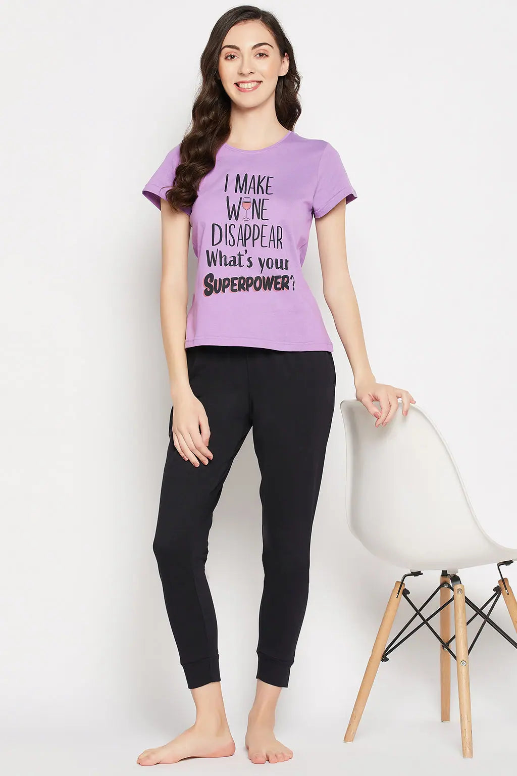 Quirky Quotes Top in Lavender & Chic Basic Joggers Set in Black - 100% Cotton Expensive pajama sets