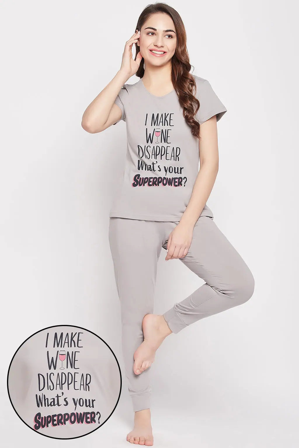 Quirky Quotes Top & Joggers Set in Grey - 100% Cotton Discounted pajama sets