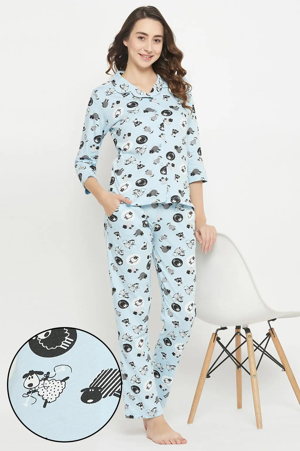 Sheep Print Button Down Shirt & Pyjama Set in Baby Blue - 100% Cotton Jogger pajama sets