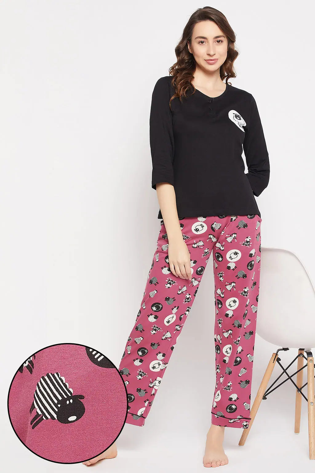 Sheep Print Top in Black & Pyjama in Fuchsia Purple - 100% Cotton Custom pajama sets with names