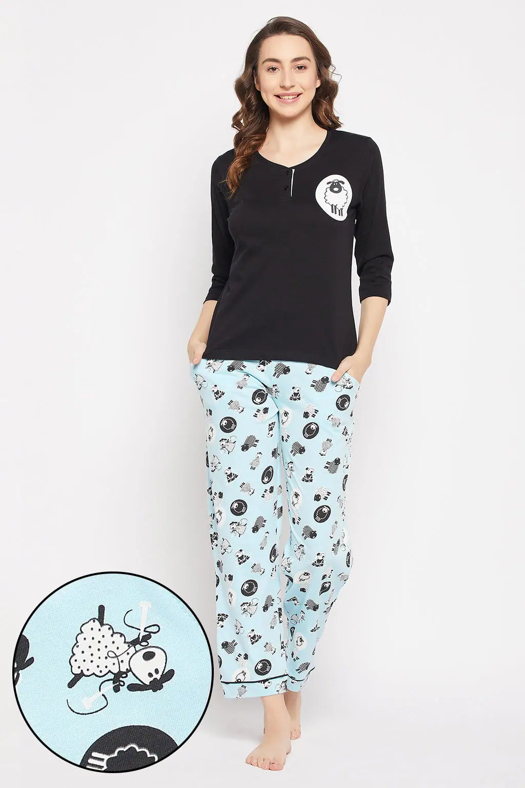 Sheep Print Top in Black & Pyjama in Sky Blue - 100% Cotton Softest pajama sets