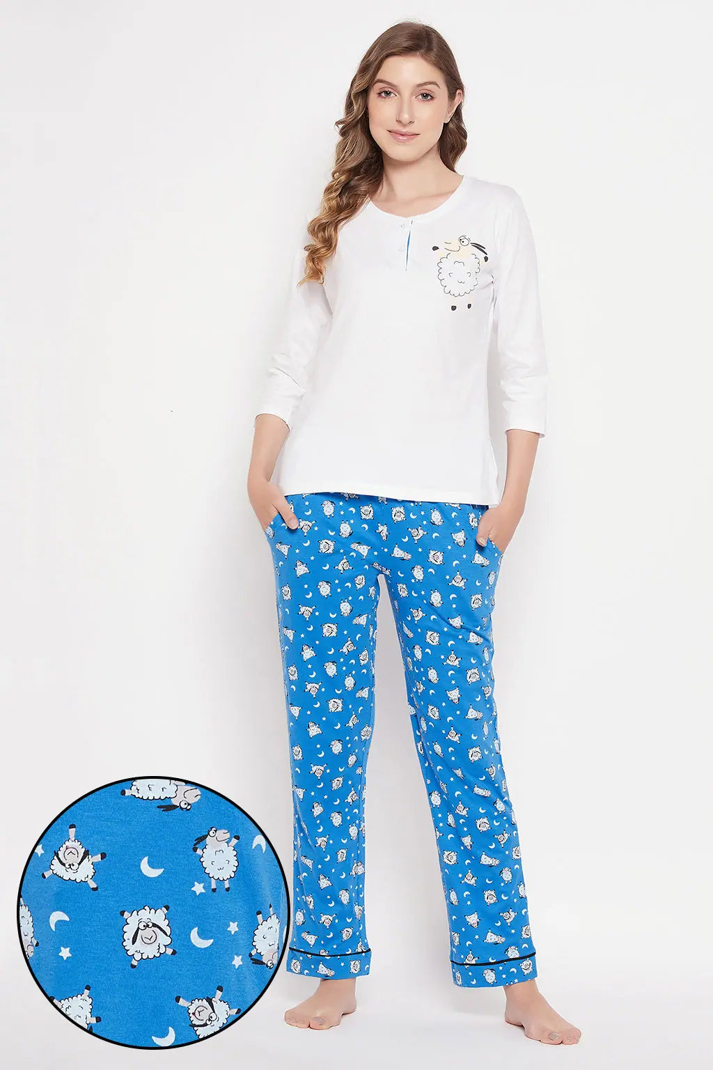 Sheep Print Top in White & Pyjama in Cobalt Blue - 100% Cotton Funny graphic pajama sets