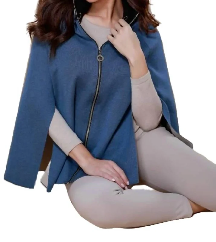 High Slit Detachable Hooded Poncho In Denim Stone Patagonia sweaters