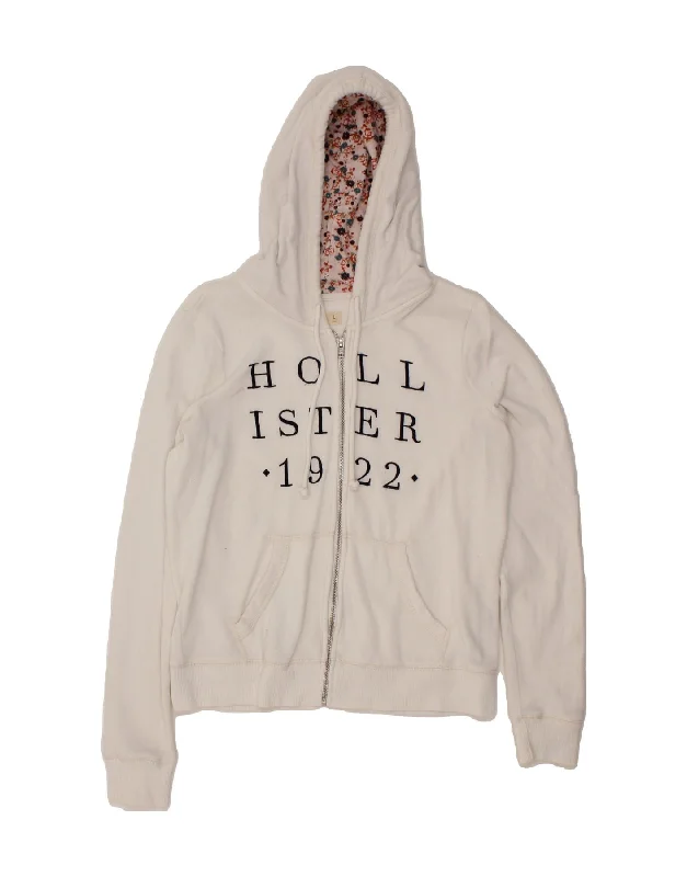 HOLLISTER Womens Graphic Zip Hoodie Sweater UK 16 Large White Cotton Moisture-wicking sweaters