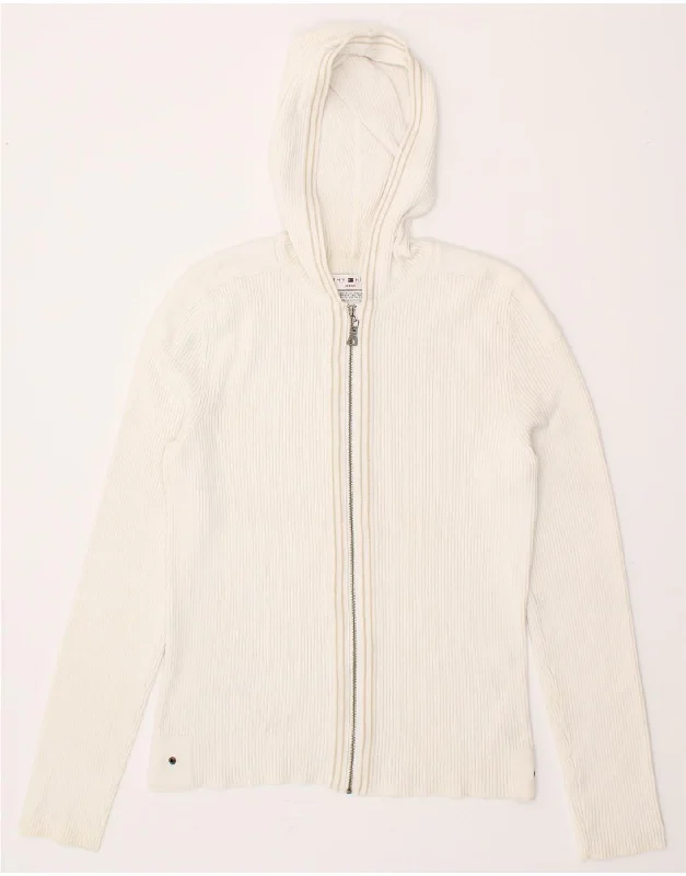 TOMMY HILFIGER Womens Hooded Cardigan Sweater UK 14 Medium Off White Silk-blend sweaters