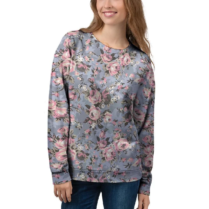 Vintage Pink Rose Flower Print Women's Sweatshirt Designer sweaters