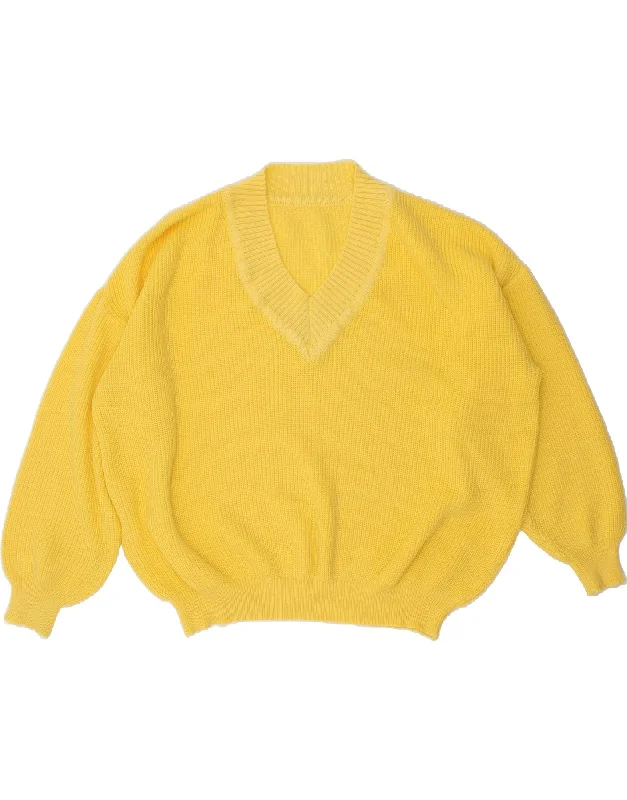 VINTAGE Womens V-Neck Jumper Sweater UK 22 3XL Yellow Boho-style sweaters