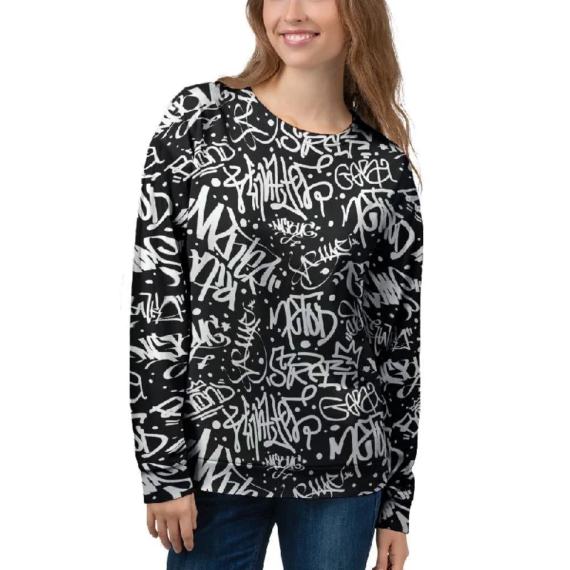 White And Black Graffiti Doodle Text Print Women's Sweatshirt Edgy sweaters