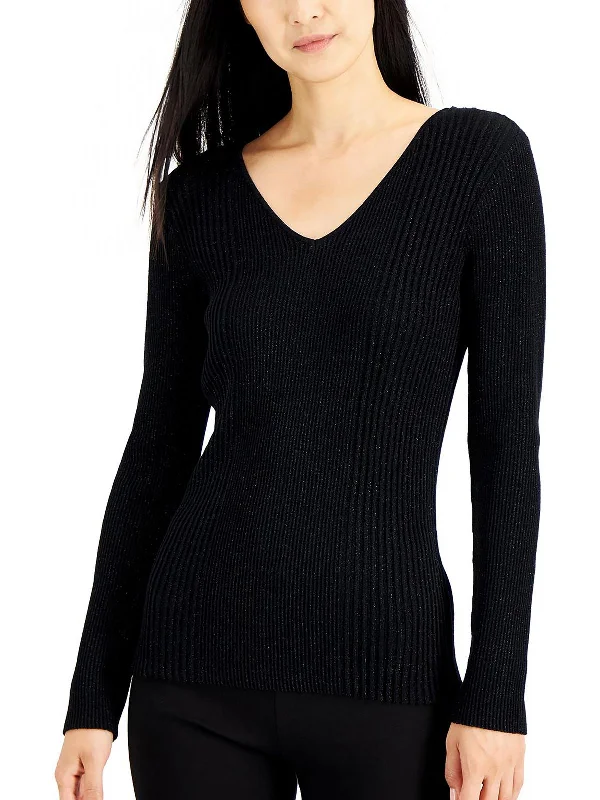 Womens Ribbed Metallic V-Neck Sweater Holiday sweaters