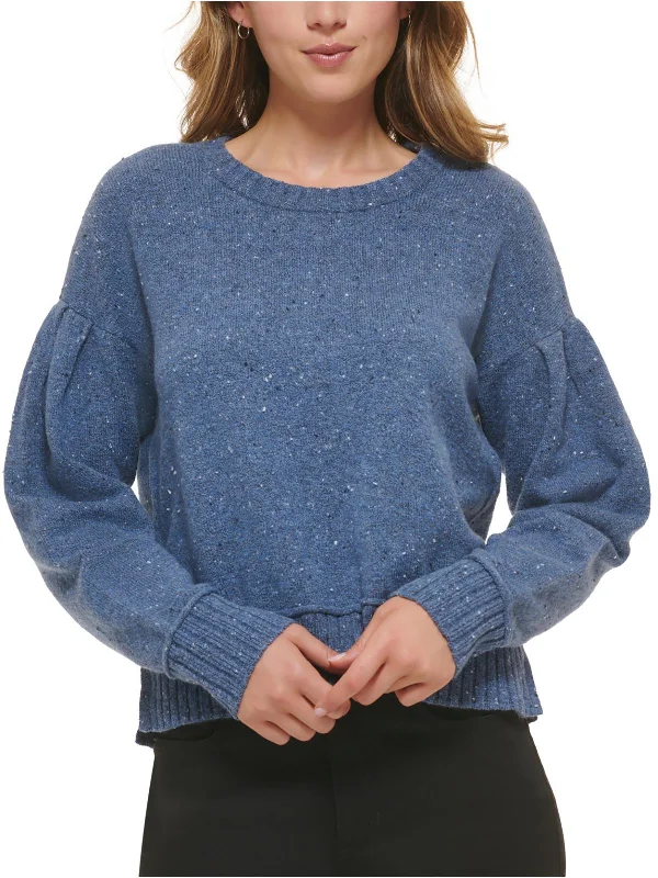 Womens Ribbed Trim Puff Sleeve Crewneck Sweater Thermal sweaters