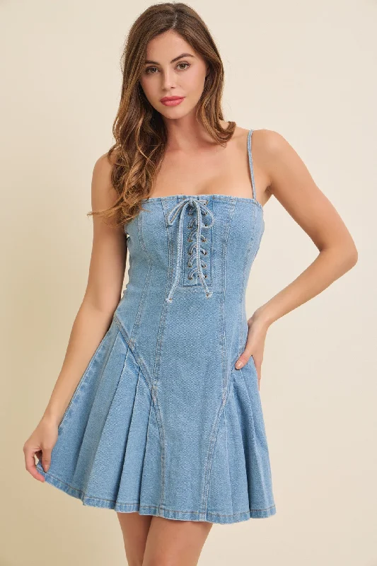 Front Lace Up Denim Mini Dress Best value mini dresses