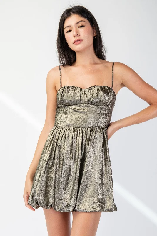 Metallic Satin Bubble Hem Mini Dress Off-shoulder mini dresses