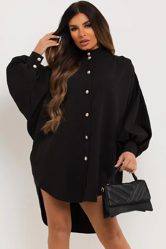 Oversized Shirt Dress With Ruched Puff Sleeves Black Summer mini dresses