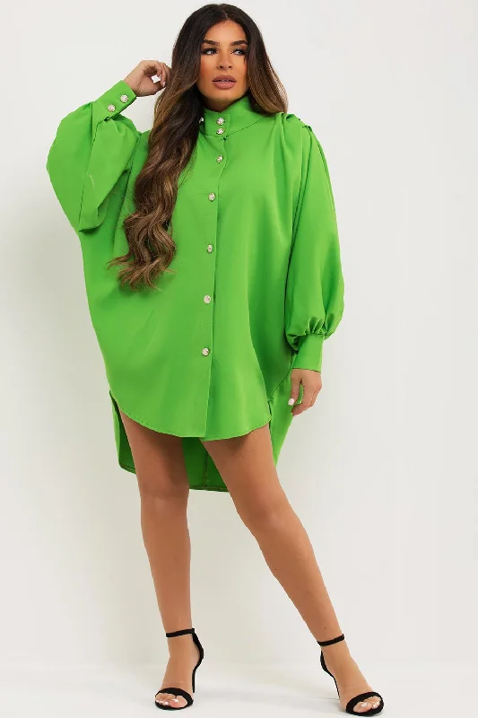 Oversized Shirt Dress With Ruched Puff Sleeves Green Comfortable mini dresses for everyday wear