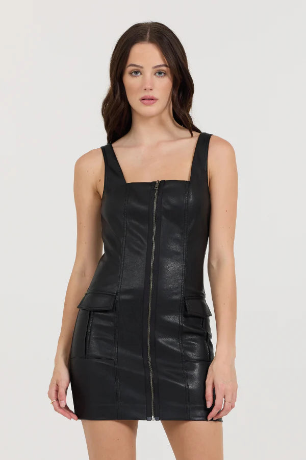 Vintage Havana Leather Zip Front Dress High-end mini dresses