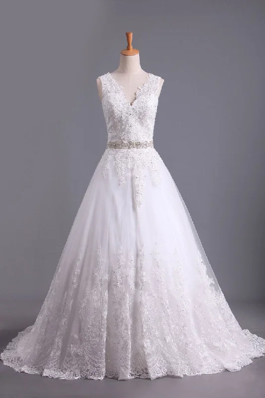 Bridal Dresses A Line V-Back Tulle Chapel Train V-Back Applique & Sash Lace V-neck Dress