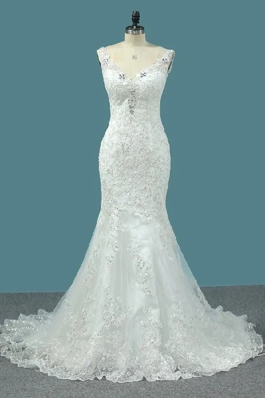 2024 Mermaid Straps Open Back Wedding Dresses With Applique PK48QQ8P Floral Wedding Gown