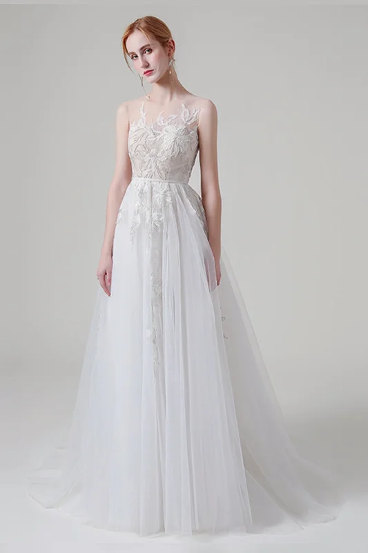 A-Line Sweep-Brush Train Lace Tulle Wedding Dress CW2704 Soft Satin Bridal