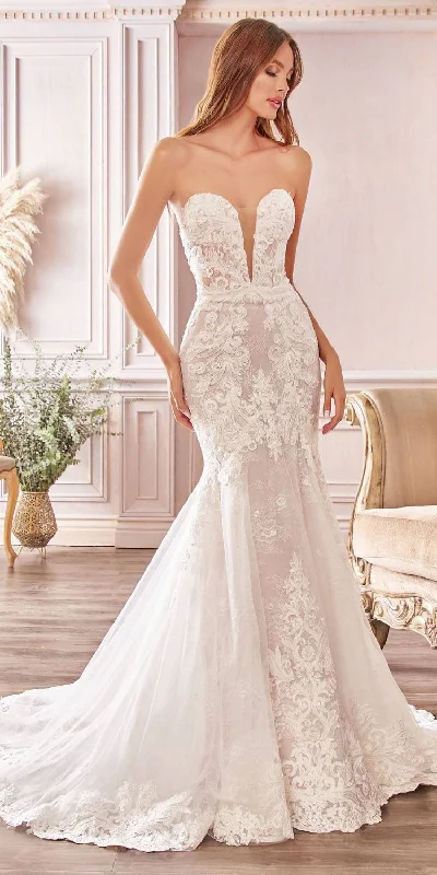 Cinderella Divine CD928 Strapless Trumpet Debutante Gown Layered Scalloped Eyelash Lace Train Chic Bridal Gown