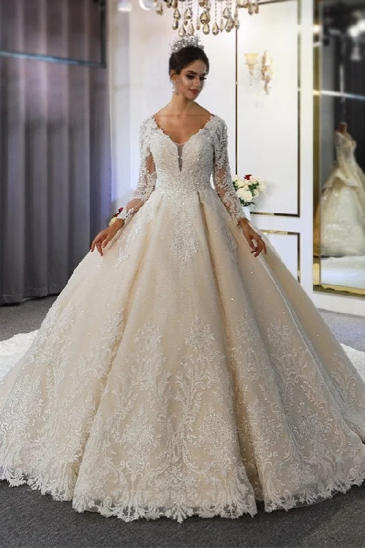 Classy Train A-Line Sweetheart Backless Long Sleeve Wedding Dress with Lace Appliques and Sequins Satin Bridal Gown