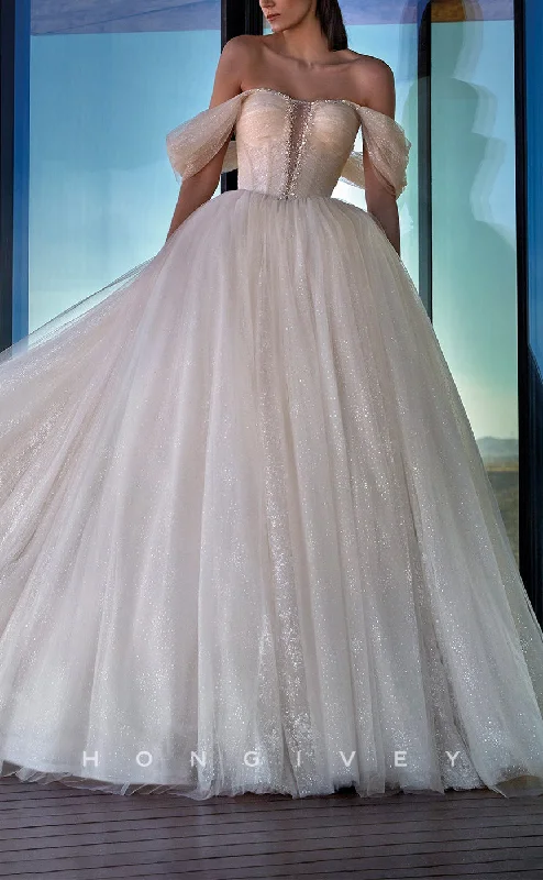 H1603 - Ornate Glitter Tulle A-Line Off-Shoulder Empire Beaded With Train Wedding Dress Silk Wedding Gown