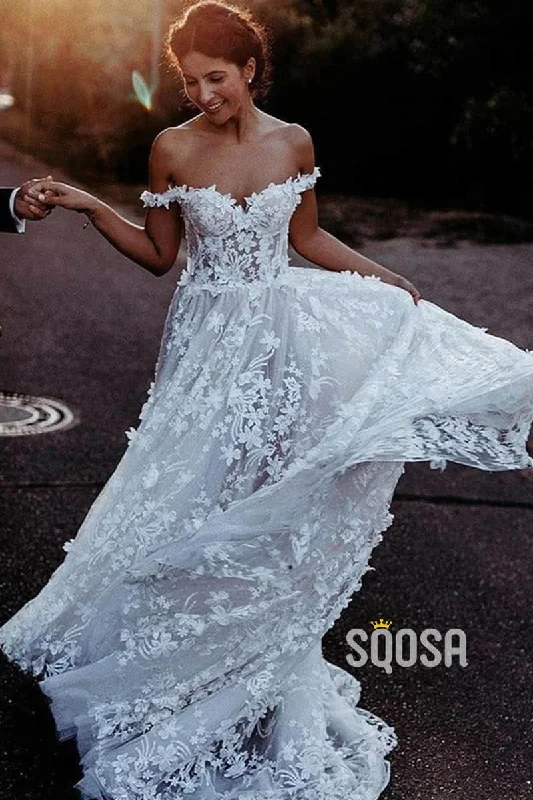 Exquisite Lace Wedding Dress Unique Off-Shoulder Bohemian Wedding Dress QW2410 Wedding Dress Long