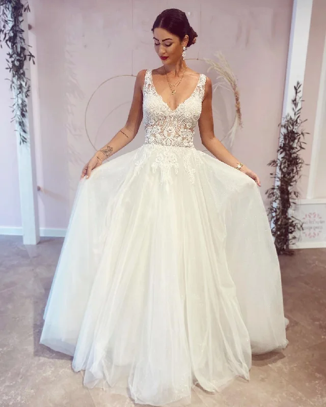 Elegant A-Line Deep V-Neck Backless Wedding Dress with Lace Appliques Glitter Wedding Dress