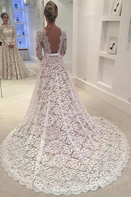 Elegant Ivory A-line Bateau Lace Long Sleeve Backless Wedding Dress Off-shoulder Wedding Gown