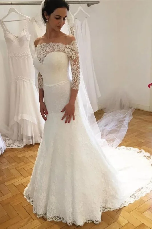 Elegant Off the Shoulder Lace Wedding Dress With 3/4 Sleeves, Mermaid Bridal Dress N2524 Lace Boho Dress