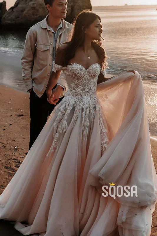 Unique Off the Shoulder Lace Appliques Bohemian Wedding Dress QW2170 Mermaid Lace Gown