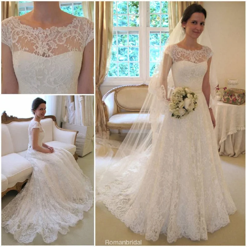 New Arrival Gorgeous Bateau Neck Cap Sleeve Lace Wedding Dresses with train, WD0346 Ruffled Wedding Dress