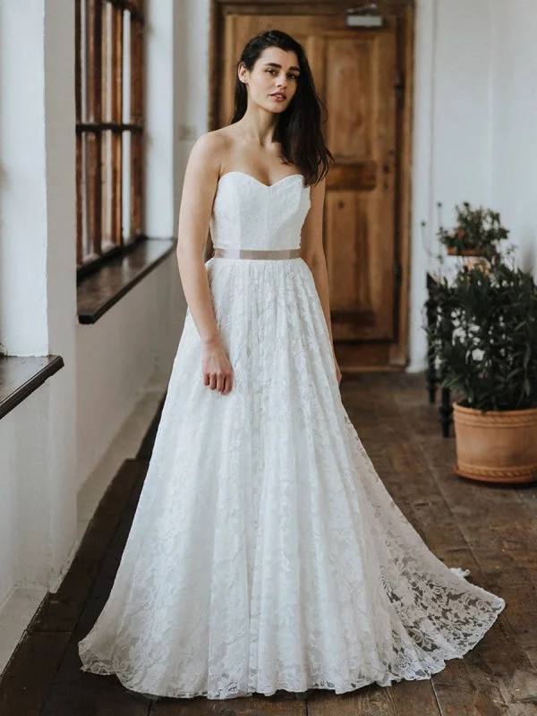 Simple Wedding Dresses Lace Wedding Gowns Strapless A-Line Bridal Gowns Lace Back Wedding