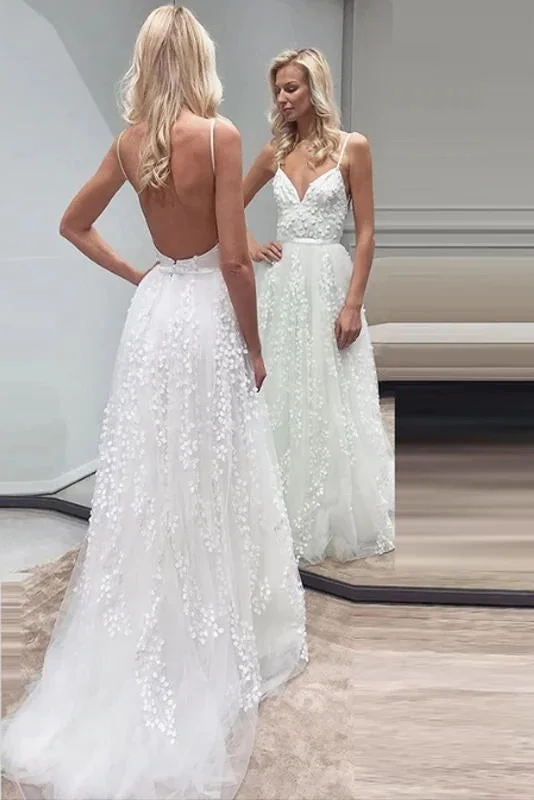 Spaghetti Straps Backless Long Zipper Back Beauty Wedding Dresses Long Sleeve Gown