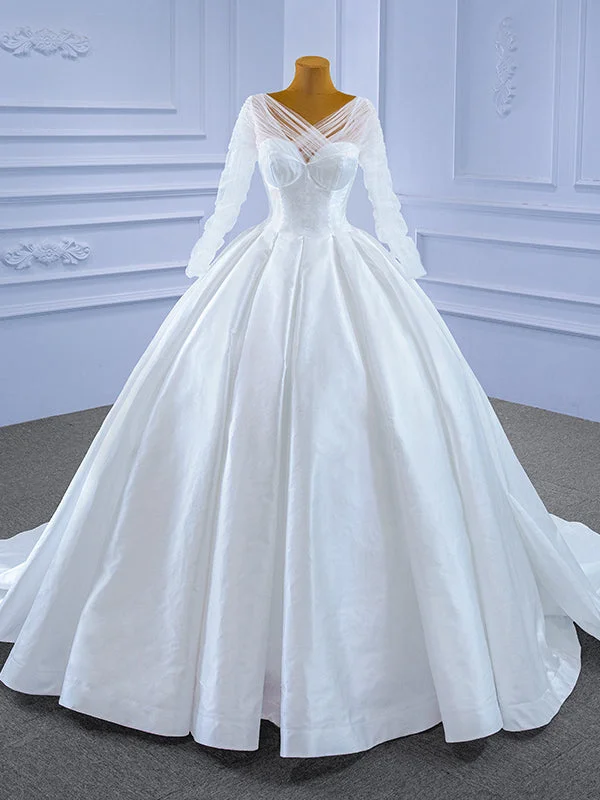 White Satin Long Sleeve Backless Wedding Dress Beaded Wedding Gown