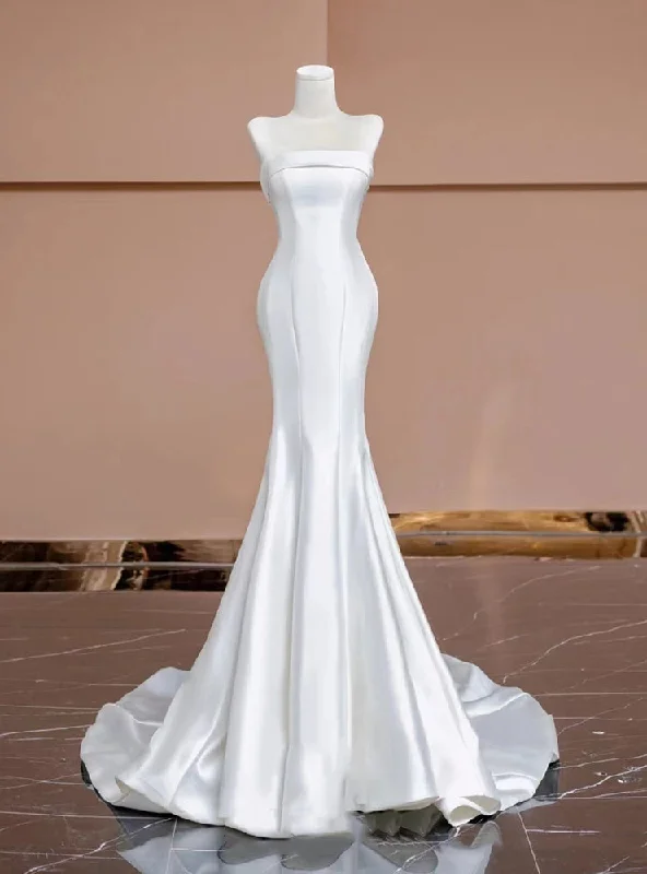 White Satin Mermaid Strapless Wedding Dress Sleeveless Bridal Gown