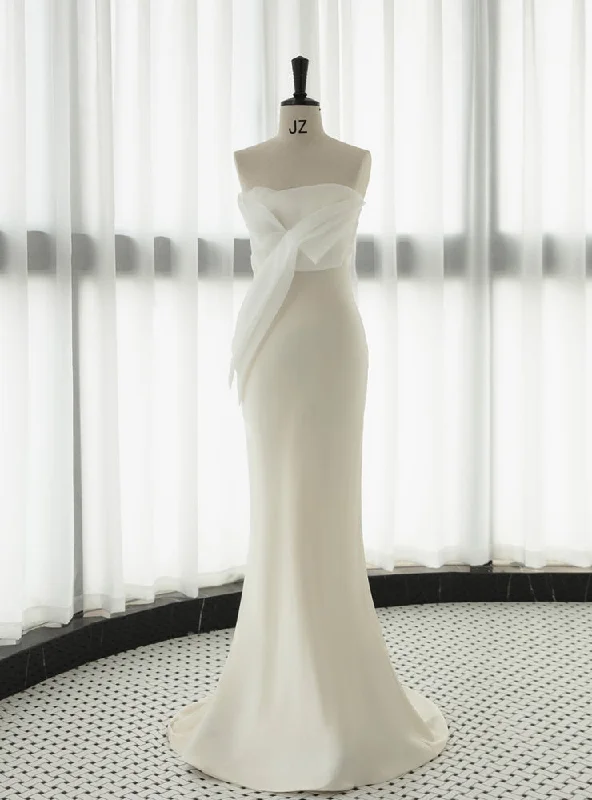 White Satin Mermaid Wedding Dress Illusion Neckline Gown