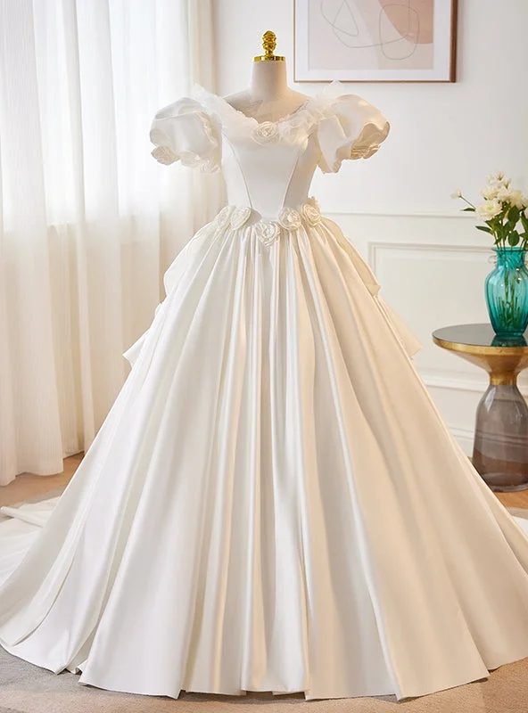 White Satin Puff Sleeve Backless Flower Wedding Dress Sexy Wedding Dress