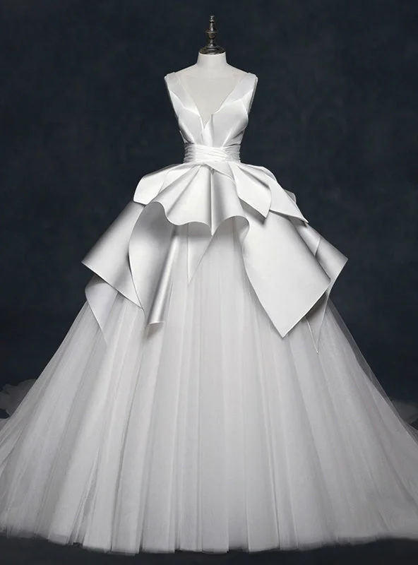 White Satin Tulle See Through Neck Backless Wedding Dress A-line Bridal Dress